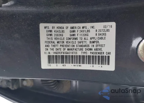 2016 Honda Accord Ex-L V-6 z USA, uszkodzony, nr VIN 1HGCR3F80GA019705